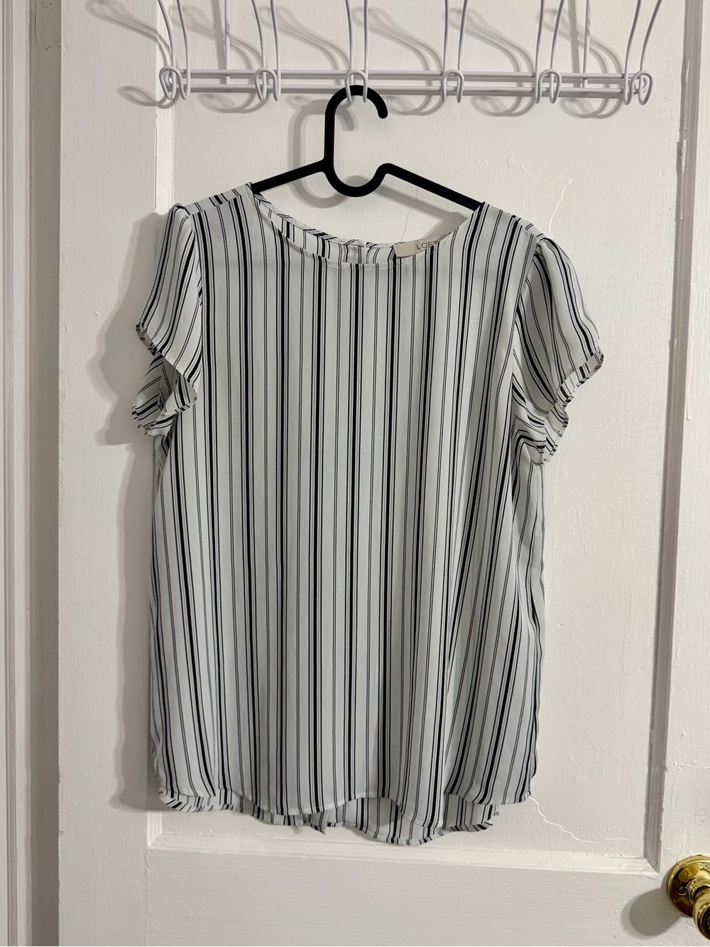 LOFT White and Black Vertical Stripe Flutter Sleeve Blouse